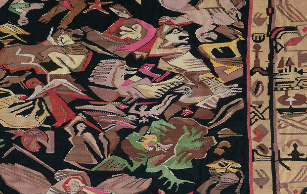 Ulrich Reimkasten, Opus 1: Persische Variationen, 1982, Gobelin, Wolle auf schwarzer Baumwollkette, eigene Ausführung, 175 x 110 cm, Repro Herr 