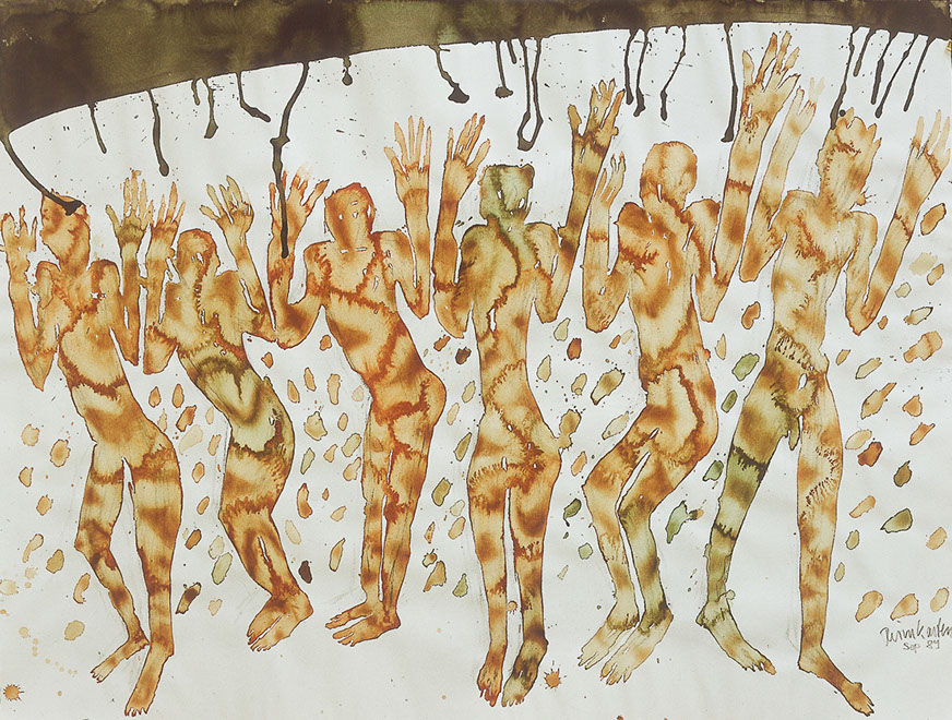 Ulrich Reimkasten, Erschreckte, 1989, Pigmente, Kirschgummi auf Bütten, 78,5 x 105,5 cm