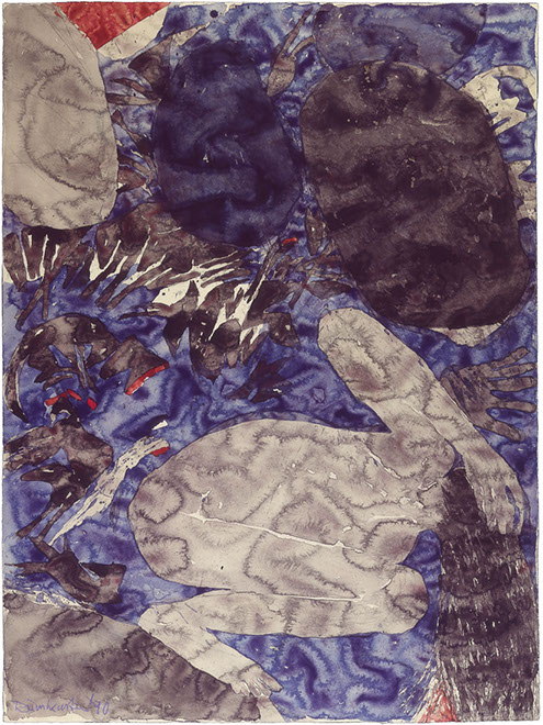 Ulrich Reimkasten, Blaues Blatt, 1990, Pigmente, Kirschgummi, Kohle auf Bütten, 105 x 78 cm
