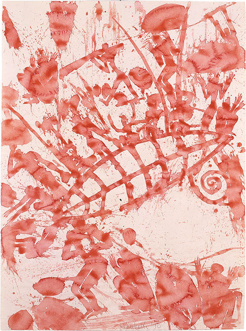 Ulrich Reimkasten, Rote Arche, 1990, Pigmente Kirschgummi auf Bütten, 105 x 78 cm