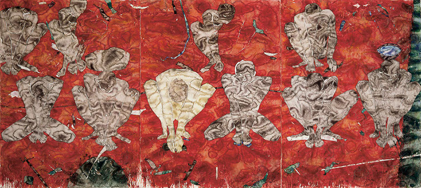 Ulrich Reimkasten, Froschkönige, 1991, Pigmente, Kirschgummi auf Bütten, Hinter-Glas-Rahmung, 105 x 235 cm