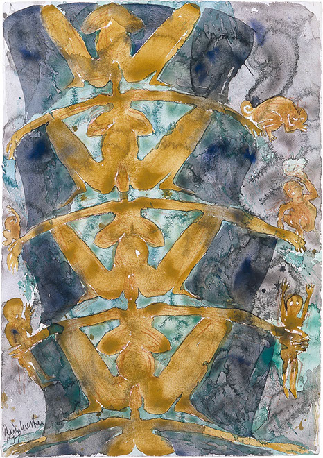 Ulrich Reimkasten, Kleine genetische Kette, 1991, Pigmente Kirschgummi auf Bütten, 60 x 40 cm