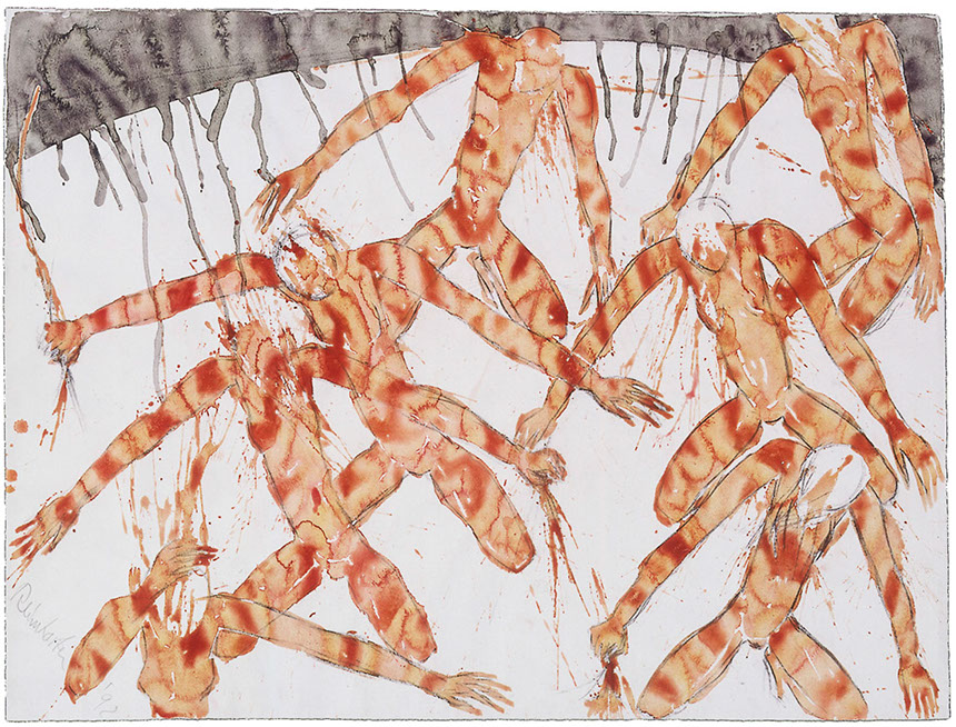 Ulrich Reimkasten, Tänzerinnen im Staub III, 1991, Pigmente, Kirschgummi, Kohle auf Bütten, 78 x 105 cm