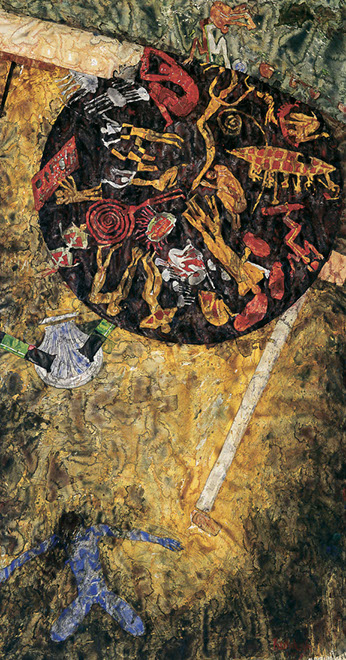 Ulrich Reimkasten, Schwarze Sonne, 1992, Pigmente, Kirschgummi auf Bütten, hinter Glas, 220 x 114 cm, Repro: André Gessner