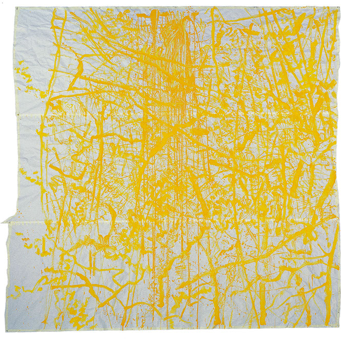 Ulrich Reimkasten, Sonnenstrahlen, 1997, Pigmente, Acryl, Leim auf transparentem Papier, mit Klebestreifen montiert, 205 x 210 cm, Repro: Susann