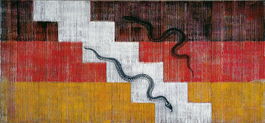 Ulrich Reimkasten, wissen – erinnern, 2002, Pigmente, Acryl, Leim, Kohle auf ungrundierter Jute, 190 x 410 cm, Repro: Thomas Richter