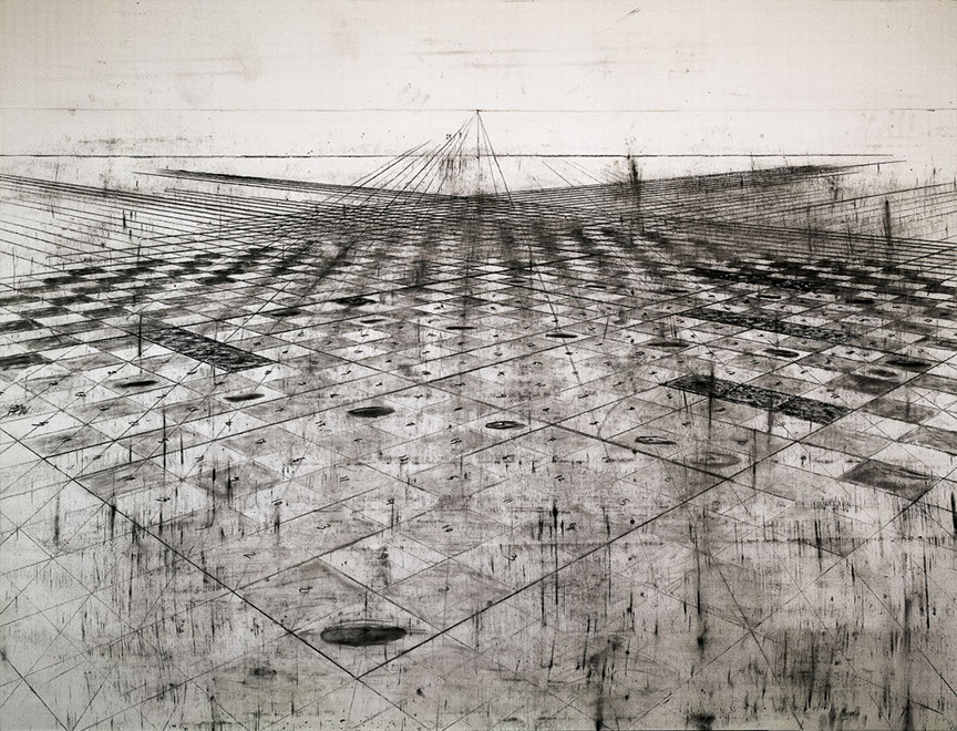 Ulrich Reimkasten, ZeitSpielFeld, 2003, Kohle auf Leinwand, darüber Schellack, 160 x 210 cm, Tzolkin [4/17], Repro: Thomas Richter