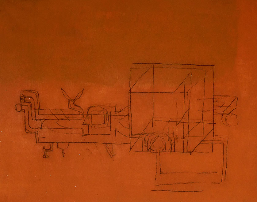 Ulrich Reimkasten, Kranemann’s Sehmaschine, 2004, Pigmente, Acryl, Leim auf Leinwand, Kohlezeichnung, 135 x 175 cm, Modell Civilisation [1/14]