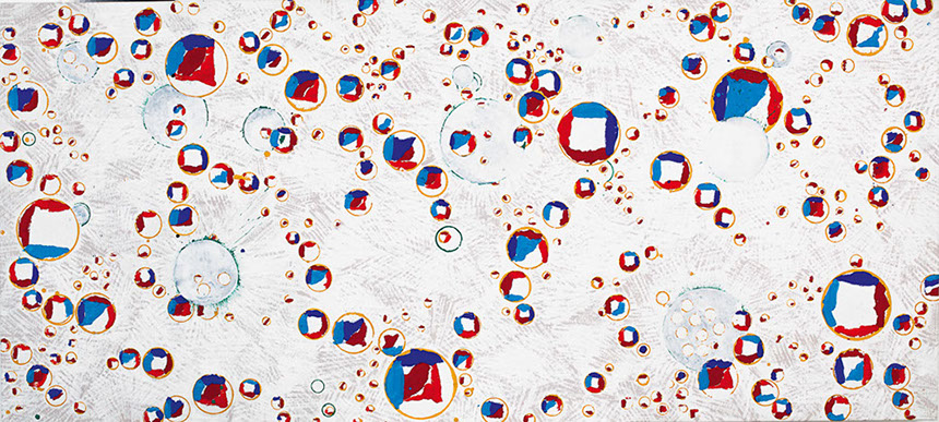 Ulrich Reimkasten, Elementarteilchen - Tag, 2005, Pigmente, Acryl, Leim auf Leinwand, 130 x 290 cm, Elementarteilchen [1/2], Repro: Joachim Blob