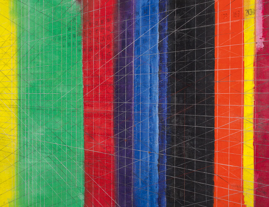 Ulrich Reimkasten, Farbfelder - Kalender, 2006, Pigmente, Acryl, Leim, Kohle, Kreide auf Jute, 200 x 260 cm, Tzolkin [13/17], Repro: Joachim Blo