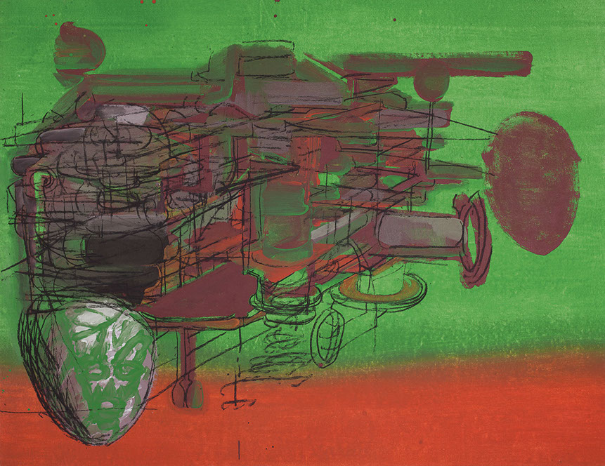 Ulrich Reimkasten, Der Teufel legt ein Ei, 2007, Pigmente, Acryl, Leim, Kohle auf Leinwand, 135 x 175 cm, Modell Civilisation [2/14], Repro: Joa