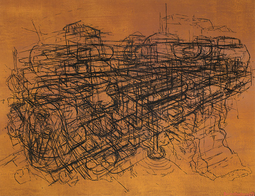 Ulrich Reimkasten, Die Droge, 2007, Pigmente, Acryl, Leim auf Leinwand, Kohlezeichnung, 135 x 175 cm, Modell Civilisation [3/14], Repro: Joachim