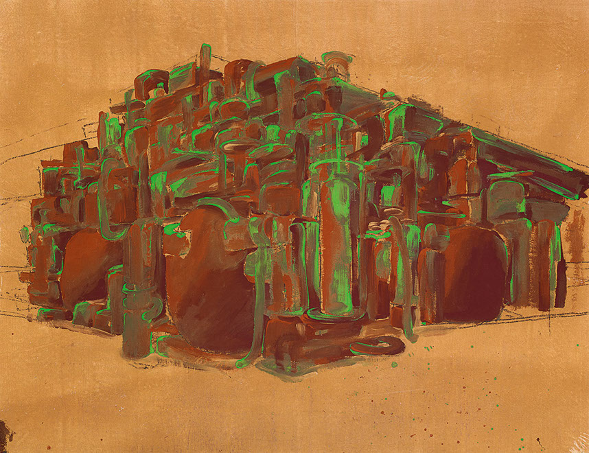 Ulrich Reimkasten, Plastic City, 2007, Pigmente, Acryl, Leim, Kohle auf Leinwand, 135 x 175 cm, Modell Civilisation [4/14], Repro: Joachim Blobe