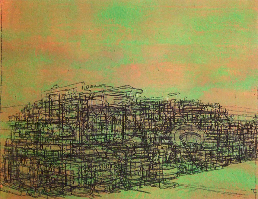 Ulrich Reimkasten, Die Anlage, 2008, Pigmente, Acryl, Leim auf Leinwand, Kohlezeichnung, 135 x 175 cm, Modell Civilisation [11/14]