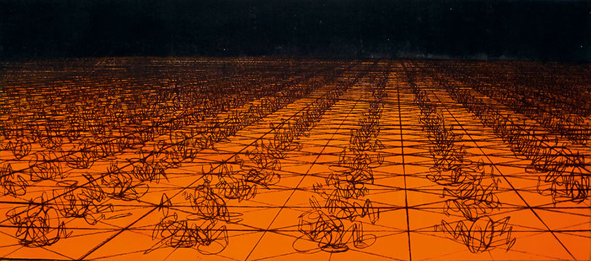 Ulrich Reimkasten, Die große Krabbelei, 2008, Pigmente, Acryl, Leim auf Leinwand, Kohlezeichnung, 93 x 210 cm, Natürliche Räume [2/4]