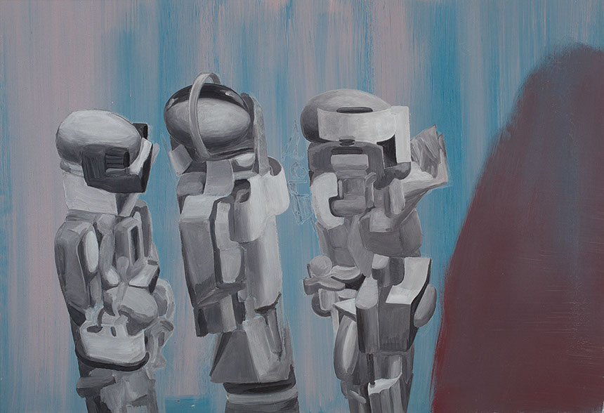 Ulrich Reimkasten, Die Spezialisten, 2008, Pigmente, Acryl, Leim auf Leinwand, 110 x 160 cm, Cyborgs [3/5], Repro: Joachim Blobel