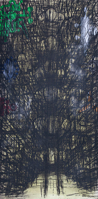 Ulrich Reimkasten, Farbige Wappen, 2008, Pigmente, Acryl, Leim, Kohle auf Leinwand, 200 x 100 cm, 1mal2Meter [3/8], Repro: Joachim Blobel