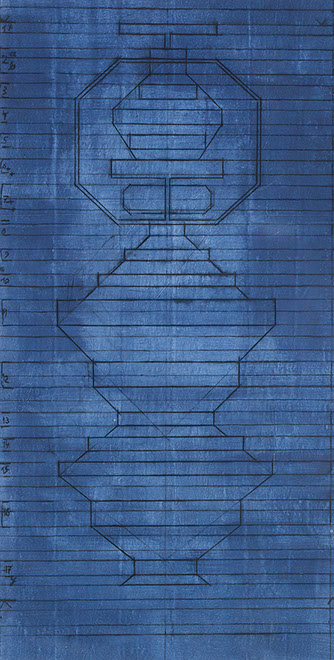 Ulrich Reimkasten, Wächter weiblich, 2008, Indigo, Acryl, Leim, Kohle auf Leinwand, 265 x 135 cm, UFO [2/5], Repro: Joachim Blobel