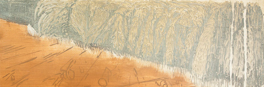 Ulrich Reimkasten, Waldrand, 2008, Pigmente, Acryl, Leim auf Leinwand, 70 x 210 cm, Natürliche Räume [3/4], Repro: Joachim Blobel