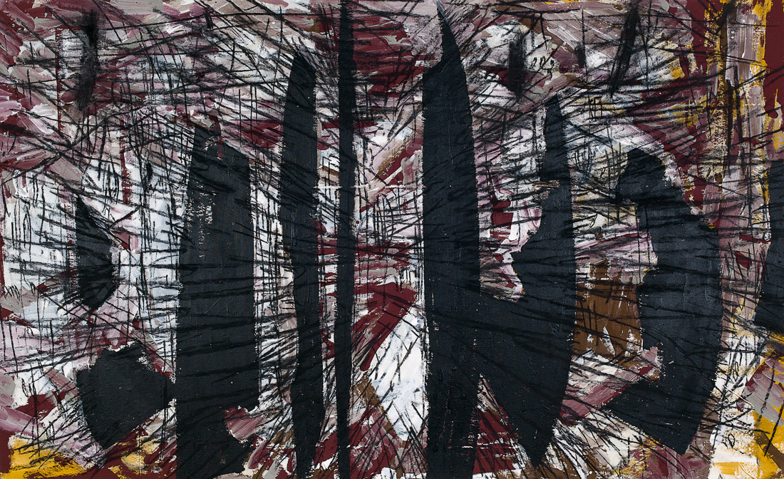 Ulrich Reimkasten, Die Klingen, 2009, Pigmente, Acryl, Leim, Kohle auf Leinwand, 135 x 220 cm, Märchen [4/4], Repro: Joachim Blobel