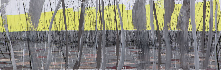 Ulrich Reimkasten, Konstruktion auf gelb-grau, 2011, Pigmente, Acryl, Leim, Kohle, Kreide auf Leinwand, 80 x 250 cm, Horizonte [2/7], Repro: Joa