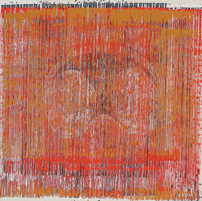Ulrich Reimkasten, Frucht, 2012, Pigmente, Acryl, Leim auf Leinwand, 140 x 140 cm, Gewebte Bilder [18/25], Repro: Joachim Blobel