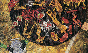 Ulrich Reimkasten, Schwarze Sonne, 1992, Pigmente, Kirschgummi auf Bütten, hinter Glas, 220 x 114 cm, Repro: André Gessner