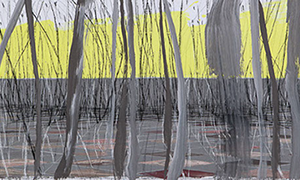 Ulrich Reimkasten, Konstruktion auf gelb-grau, 2011, Pigmente, Acryl, Leim, Kohle, Kreide auf Leinwand, 80 x 250 cm, Horizonte [2/7], Repro: Joa
