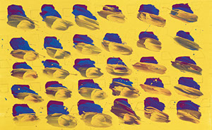 Ulrich Reimkasten, Rhythm Section 6, 2015, Pigmente, Acryl, Leim auf Leinwand, 95 x 155 cm, Rot-Gelb-Blau [30/33], Repro: Jule Roehr